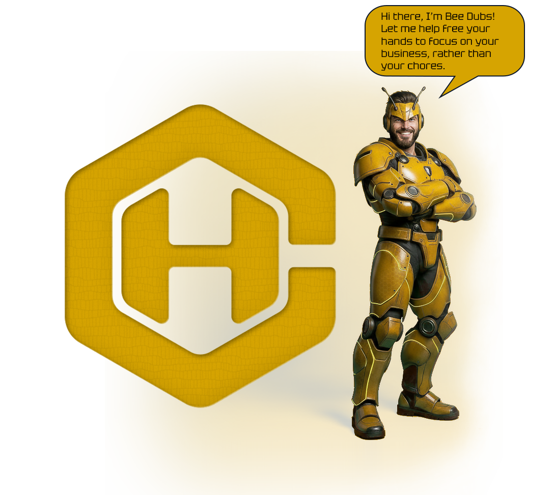 Bee Dubs Standing Alongside the Crispy Honey Logo